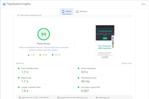 The top half of Google page speed report from 2/2/22.